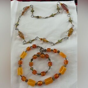 Elegant Orange and Green Beaded Necklaces and Bracelet